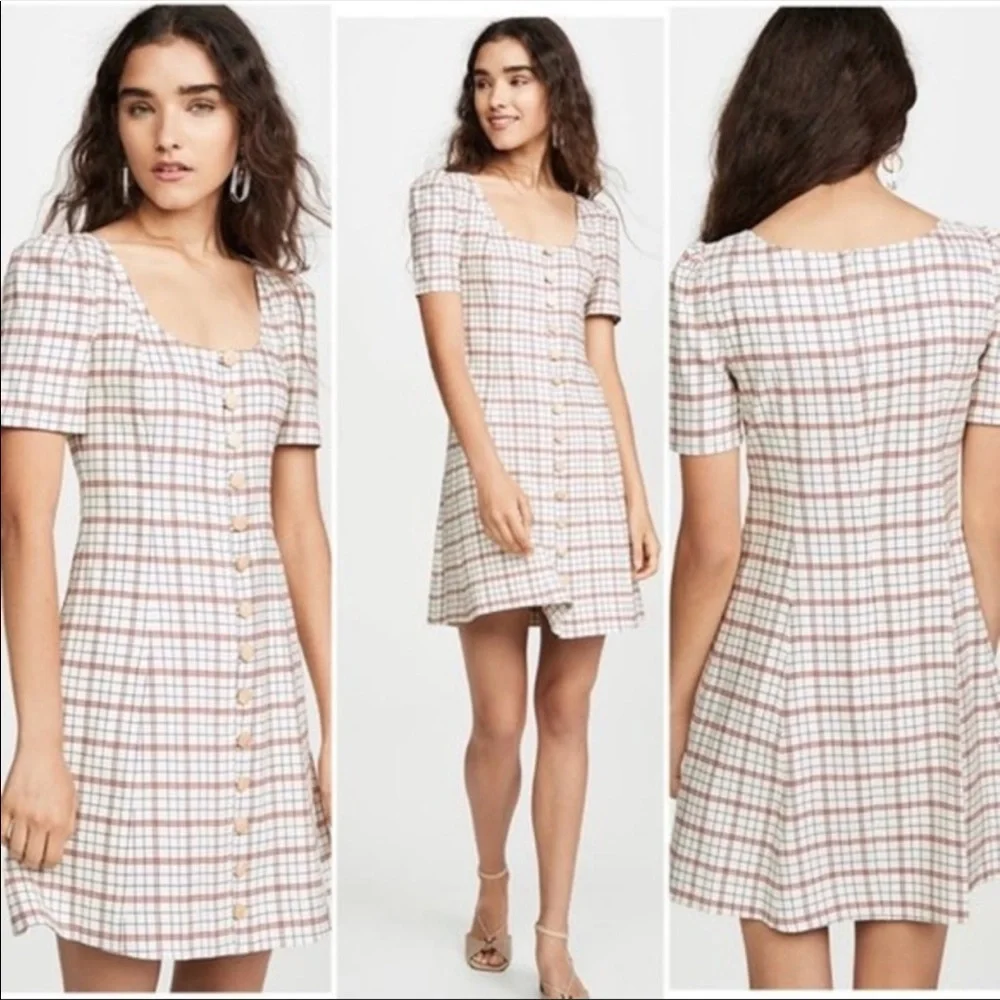 Nicholas Plaid Button Front Puff Sleeve Mini Dress Linen Blend Cream Red Size 2 - Picture 12 of 12